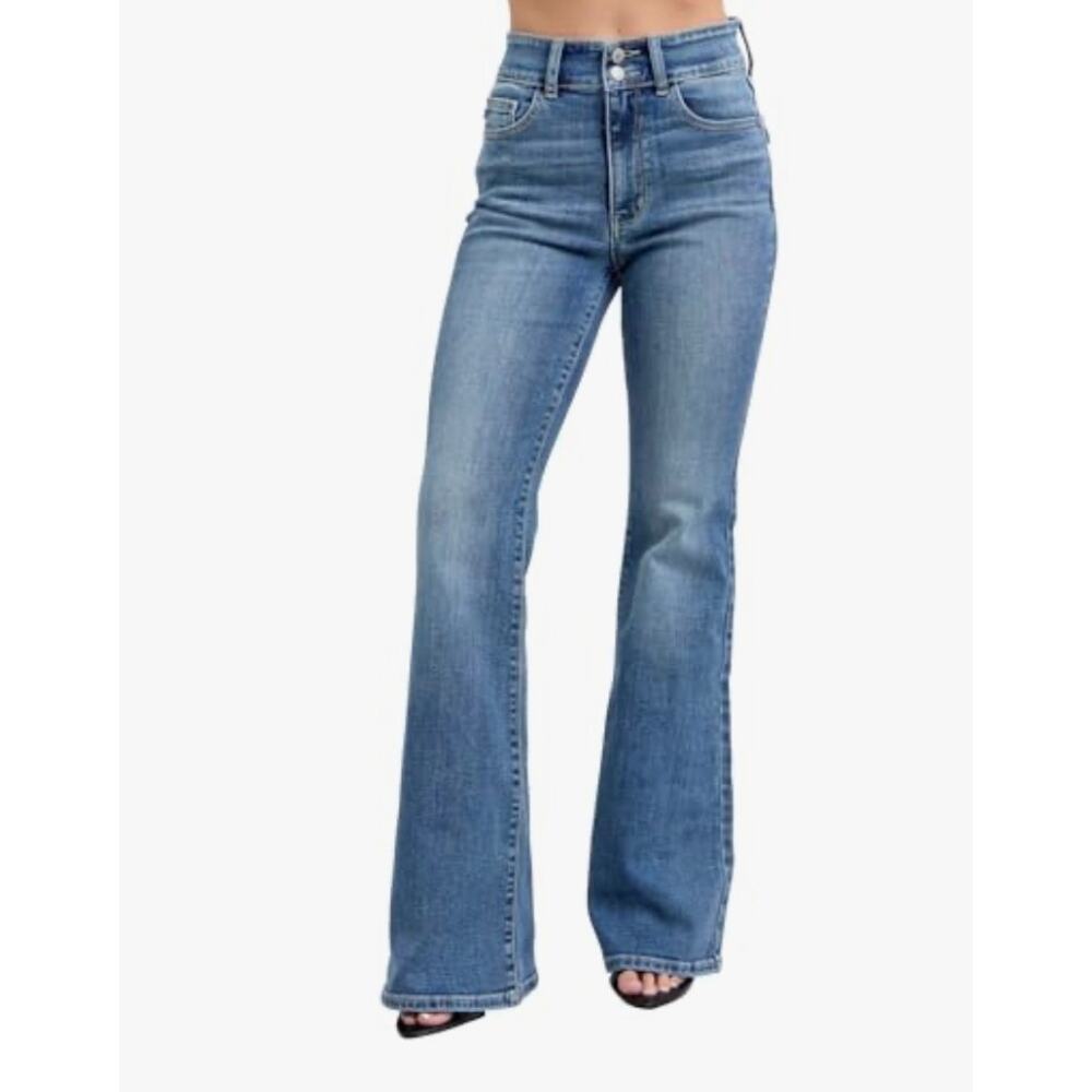 Judy Blue Sz 14W High Waist Flare Jeans Tall Double Button Tinted Blue Denim - Picture 14 of 15